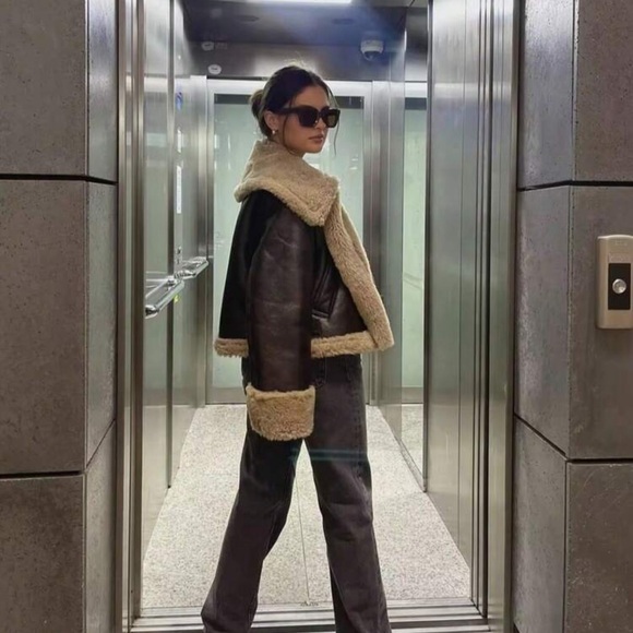 Vegan Leather Aviator Jacket Faux Shearling Trim Shearling Lined chocolate brown - Picture 3 of 12